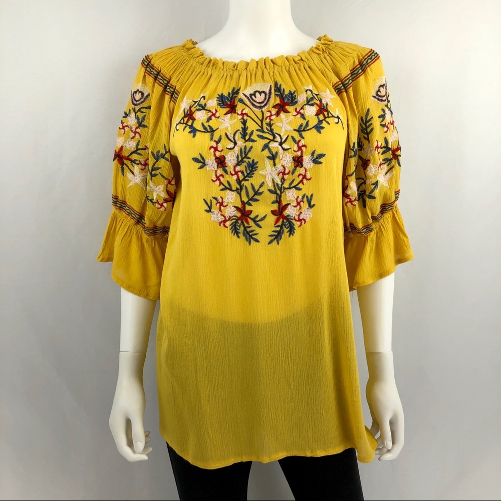 Yellow Floral Embroidered Bell Sleeve Tunic Top